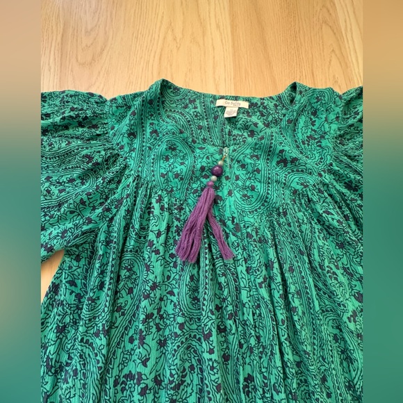 GO SOFTLY • Floral Tassel Zip Caftan Mumu Patio Midi House Dress Teal pockets M - Picture 5 of 7